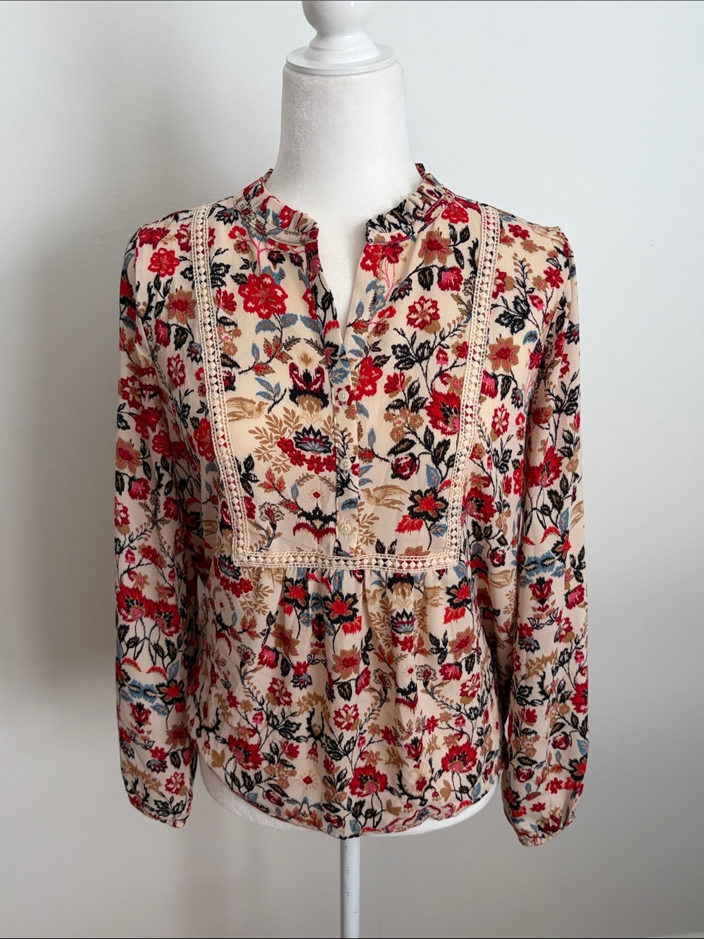 LOFT Cream Floral Blouse with Red & Blue Accents